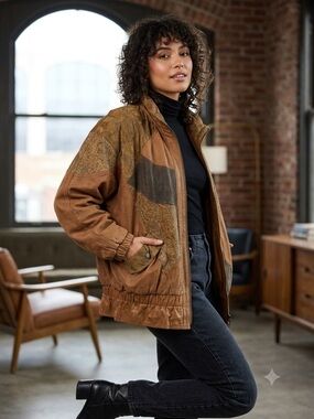 Vintage 80's/90's John Weitz Women's Brown Patchwork Bomber Jacket